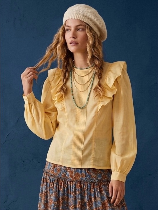 Vintage Tops - Vintage 70s You Babes Pastel Yellow Ruffle Tuxedo Pleat Blouse Back Button Sz S